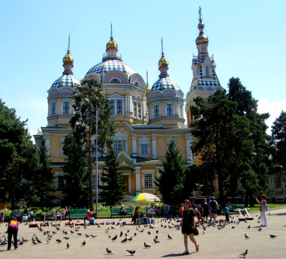 Pigeons and Zenkov Cathederal Almaty Kazakhstan