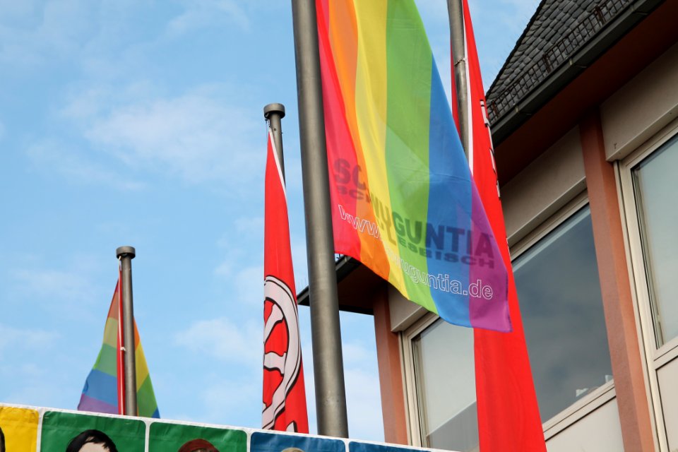 Regenbogenfahne und Mainzer Fahne