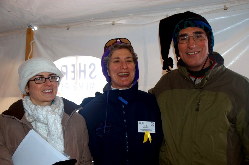 State Outreach Director for Senator Klobuchar, Lesley Kandaras, Friends of Sherburne President Sue Hix and Midwest Regional Director Tom Melius celebrate Winterfest 2011.