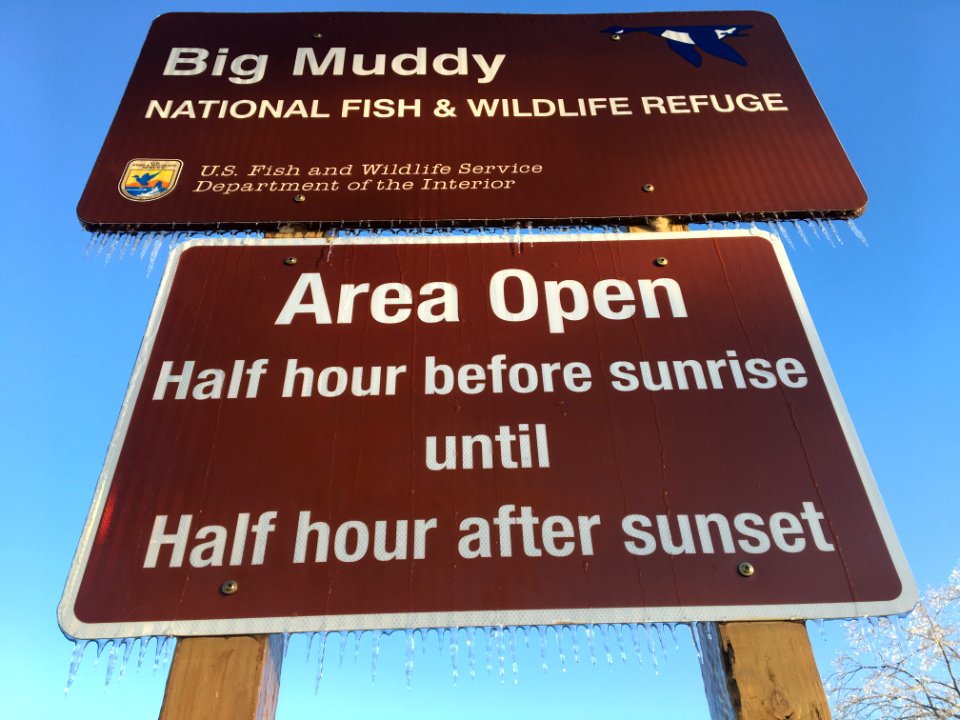 Big Muddy Headquarters sign covered with ice