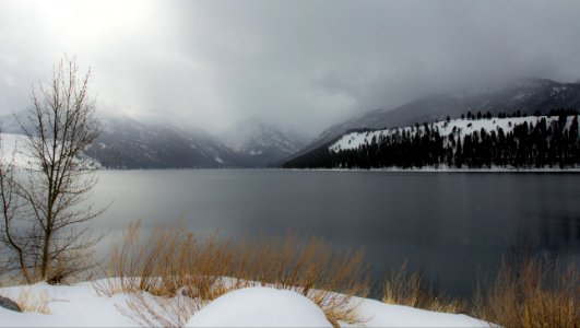 Snow storm moving across Wallowa Lake, Oregon photo