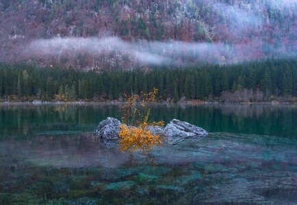 Lake misty rocks