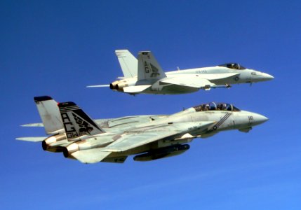 A Grumman F-14B ''Tomcat'' and a Boeing F/A-18E ''Super Hornet' photo