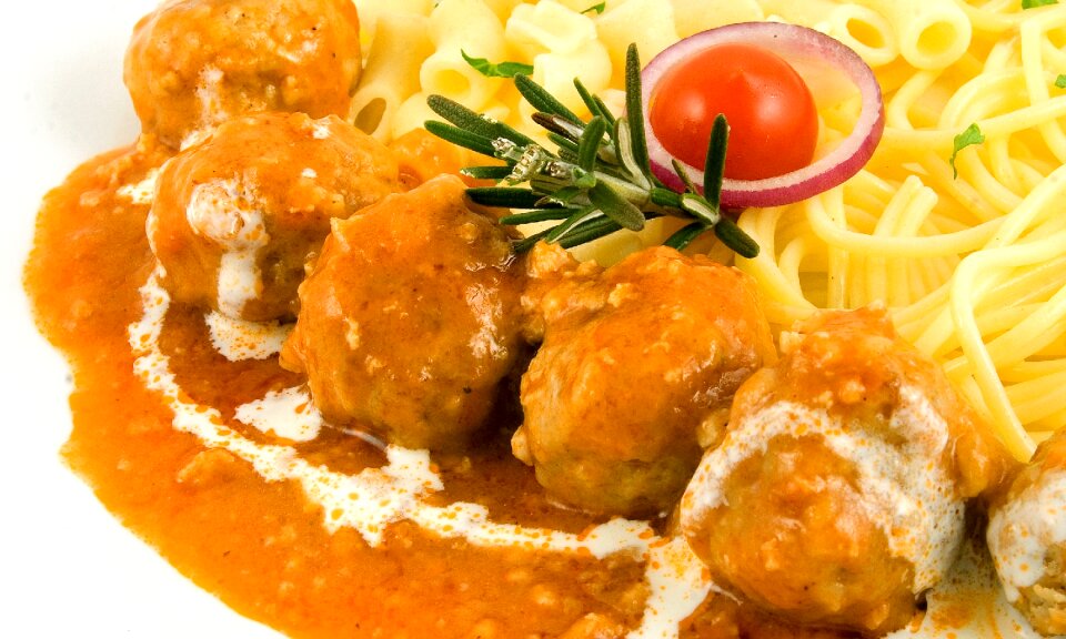 Pasta meat balls orange food