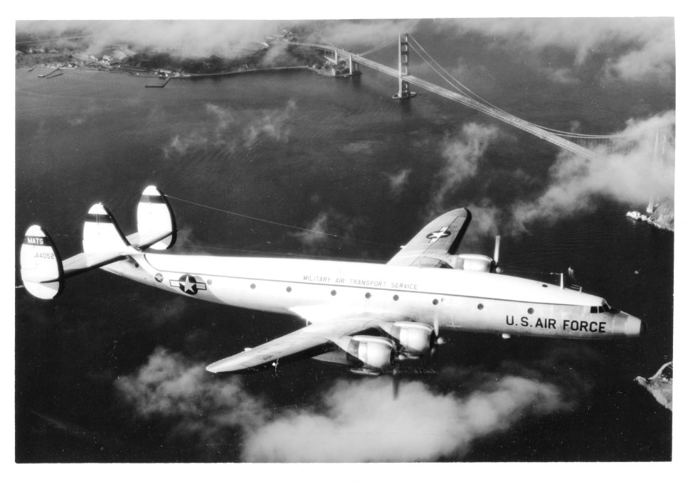 Lockheed C-121G-LO "Super Constellation" (s/n 54-4052)-later modified as TC-121G-over the "Golden Gate Bridge"