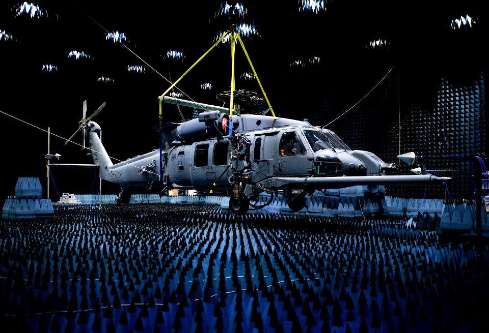 A 413th Flight Test Squadron Sikorsky HH-60W "Pave Hawk" hangs in the anechoic chamber.