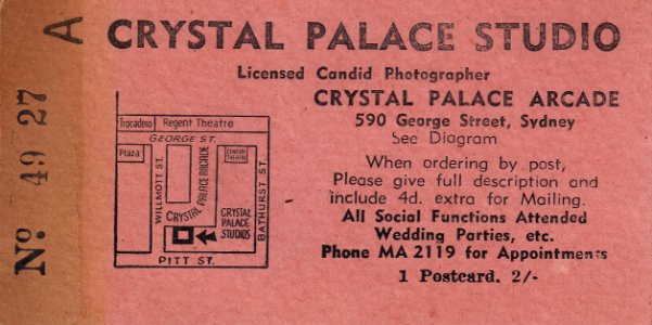 Crystal Palace Studio photograph claim ticket (c.1948)