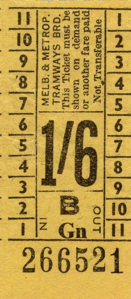 Pre-decimal currency Melbourne & Metropolitan Tramways Board tram ticket (before 1966)