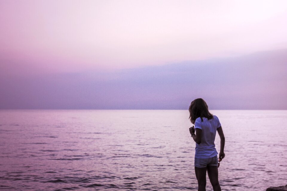 Purple woman beach sunset photo