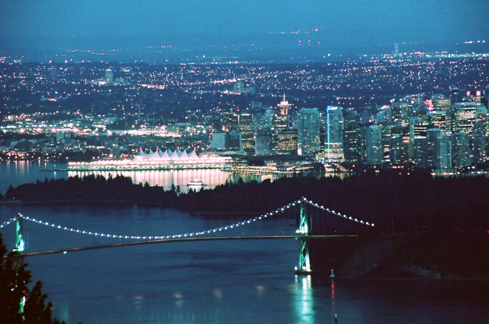 Vancouver and Lions Gate Bridge, Night