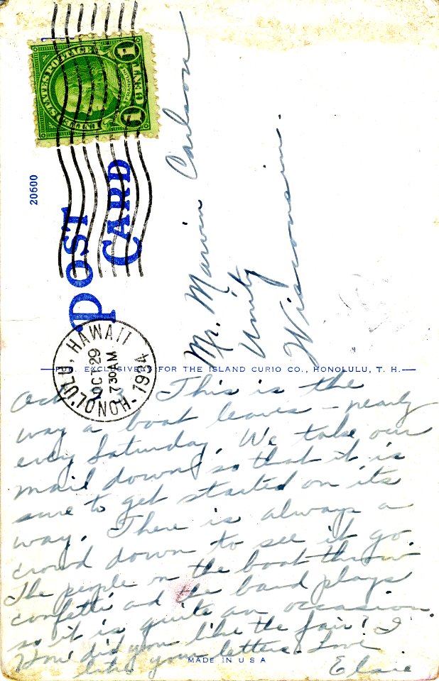 Steamer Day in Honolulu (postcard message)