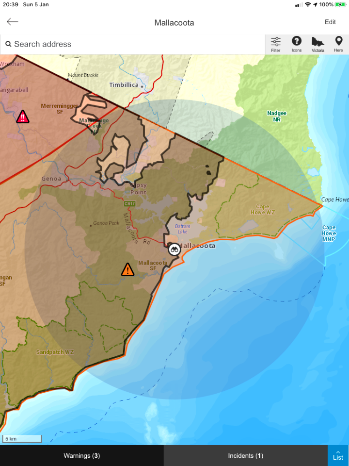 Mallacoota fires - VIC Emergency app map showing extent of Wingan fire