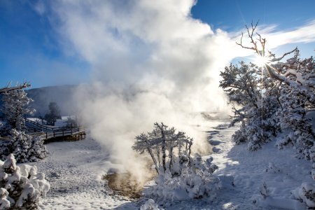 Snowy sunrise, Mammoth Hot Springs