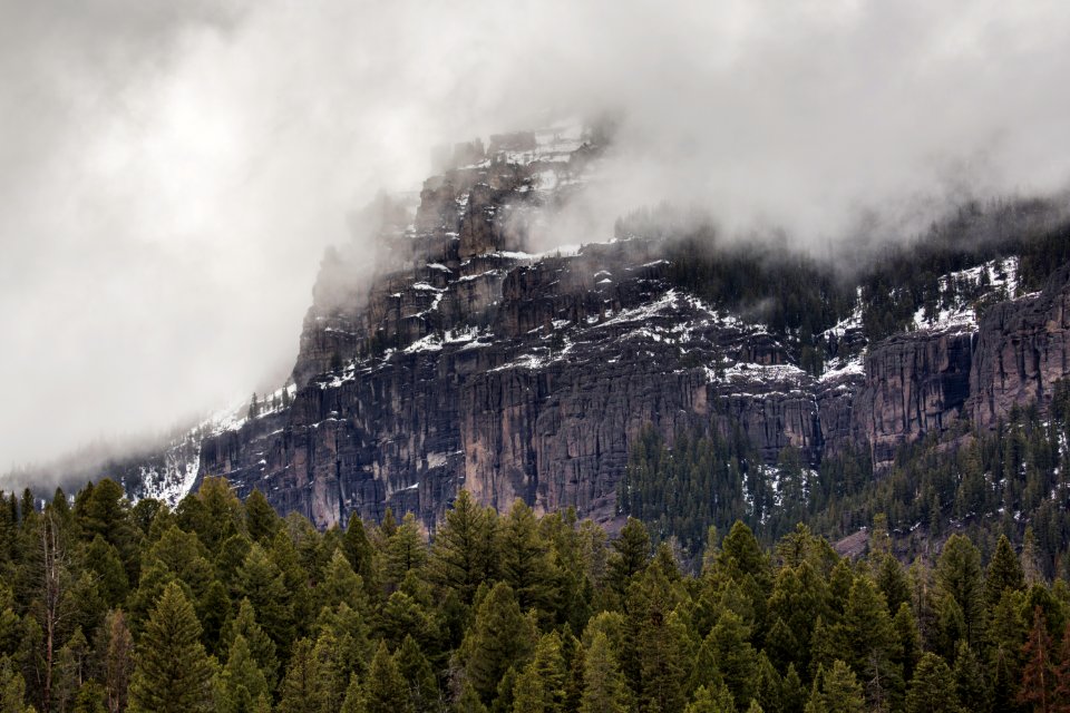 Cloud-wrapped cliffs near Pebble Creek