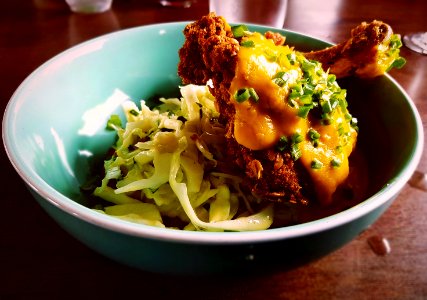 pasta bowl and fried chicken photo