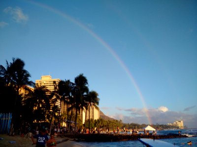 Rainbow before sunset at Waikiki beach photo