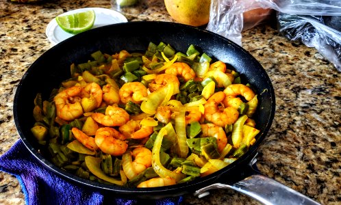 Shrimp, Onions, and Cactus Leaves photo