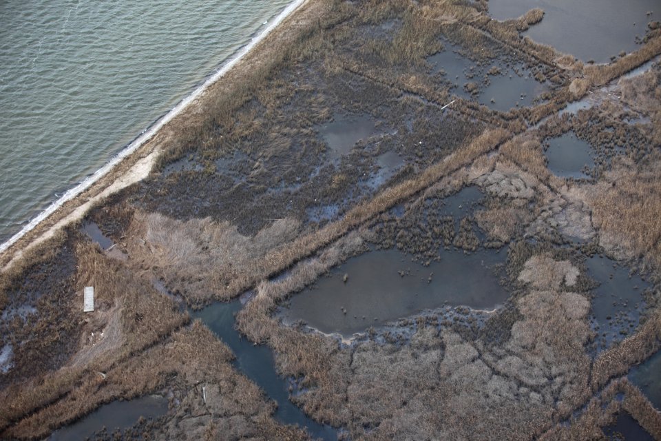 Aerial photo of debris in marsh at Seatuck National Wildlife Refuge (NY)