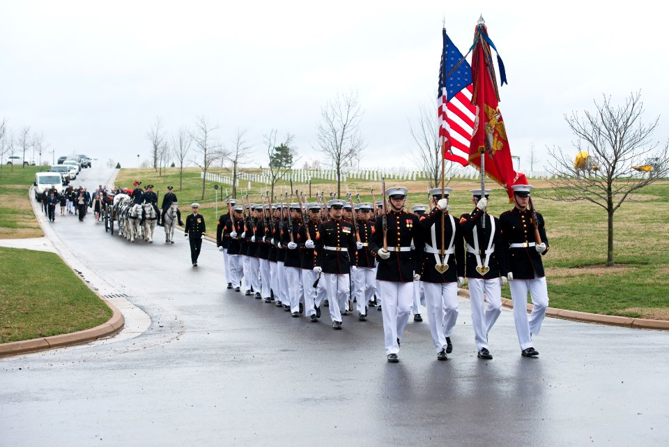 Graveside service for U.S. Marine Pvt. Harry K. Tye, killed during the Battle of Tarawa in World War II, takes place at Arlington National Cemetery