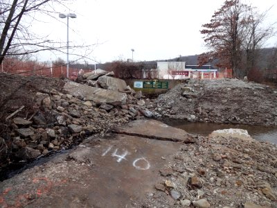 Pond Lily Dam site with fish passage signage after dam removal