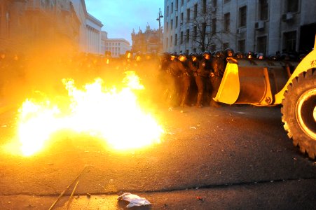 Riot police (Bekrut), defending the Kiev city council building, and protesters clash at Bankova str, Kiev, Ukraine. December 1, 2013-2