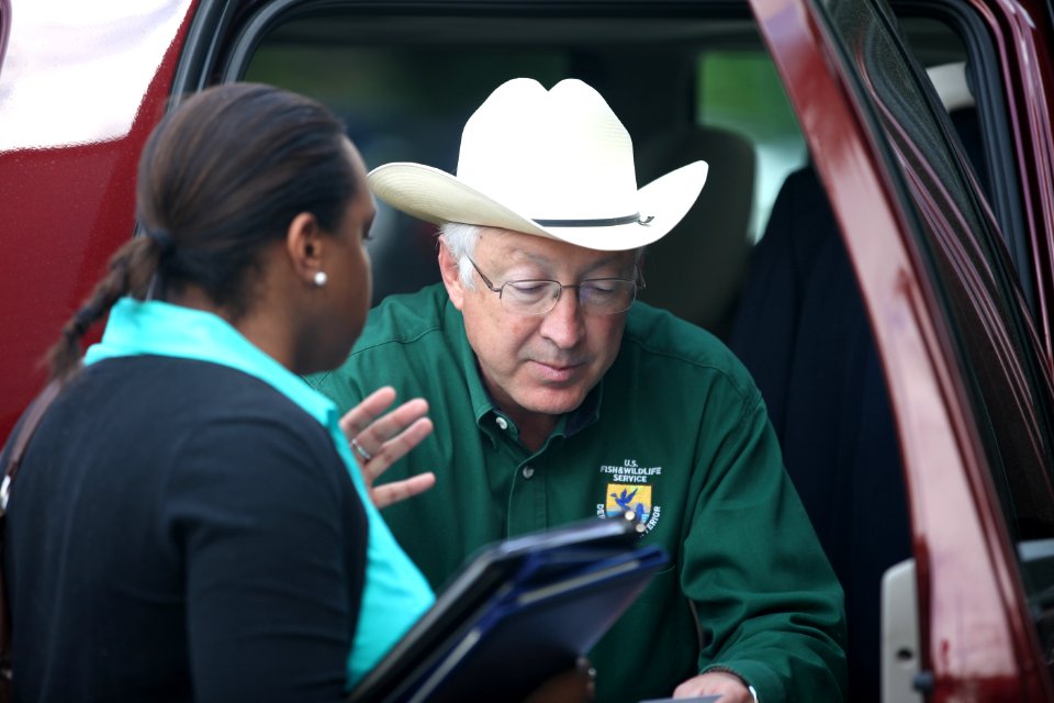 Sec. of Interior Ken Salazar arrives in Hartford, CT.