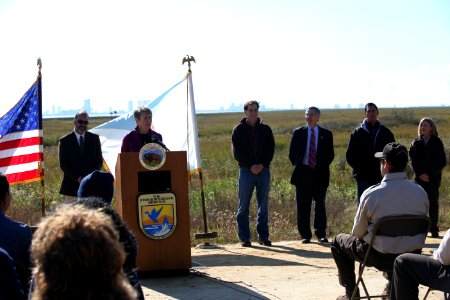 Secretary Sally Jewell speaking at Edwin B. Forsythe National Wildlife Refuge