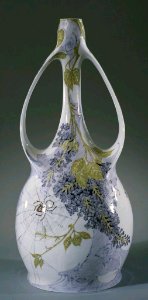 Rozenburg porcelain handled Art Nouveau vase with lilac and spiderweb, 1900