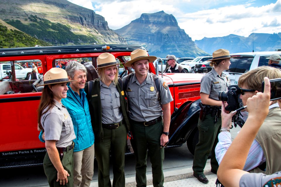 Secretary Jewell and Rangers at Logan Pass