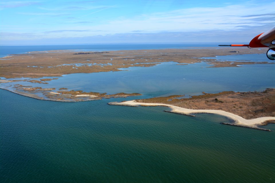 Aerial view of completed Fog Point Living Shoreline restoration at Glenn Martin National Wildlife Refuge
