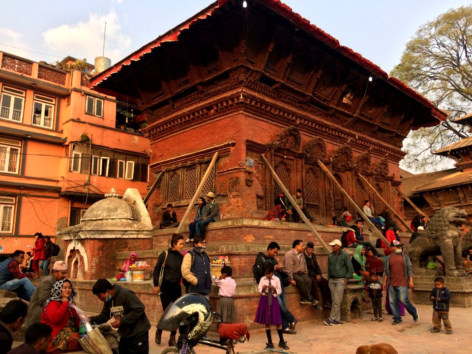 Temple affected by earthquake  supported by wooden stilts  Durbar square, Feb 2017
