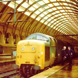 The way we were: conversation piece as 55014 awaits departure with the 14:05 King's Cross to York of 31st October 1981. photo