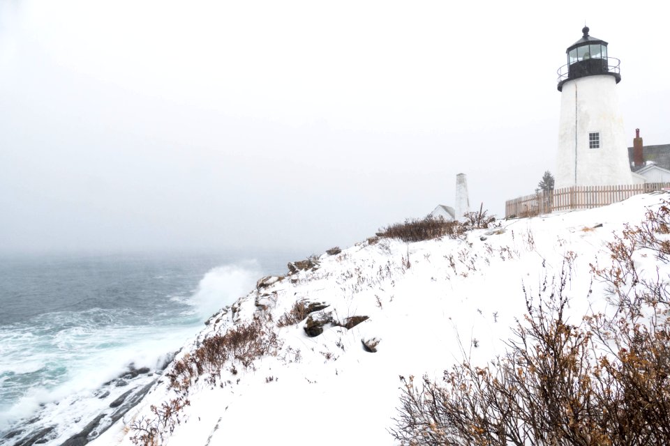 Pemaquid Point lighthouse during snowstorm