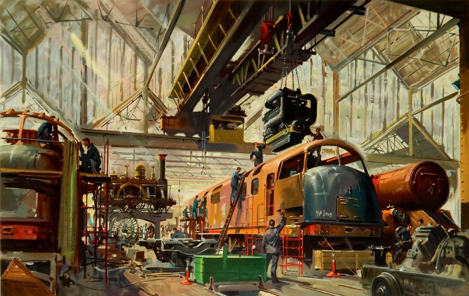 TRAIN E BR CLASS 42 Warship - diesel hydraulic locomotive - workshop scene by Terence Cuneo HD (mouse is lower right above the wheel)