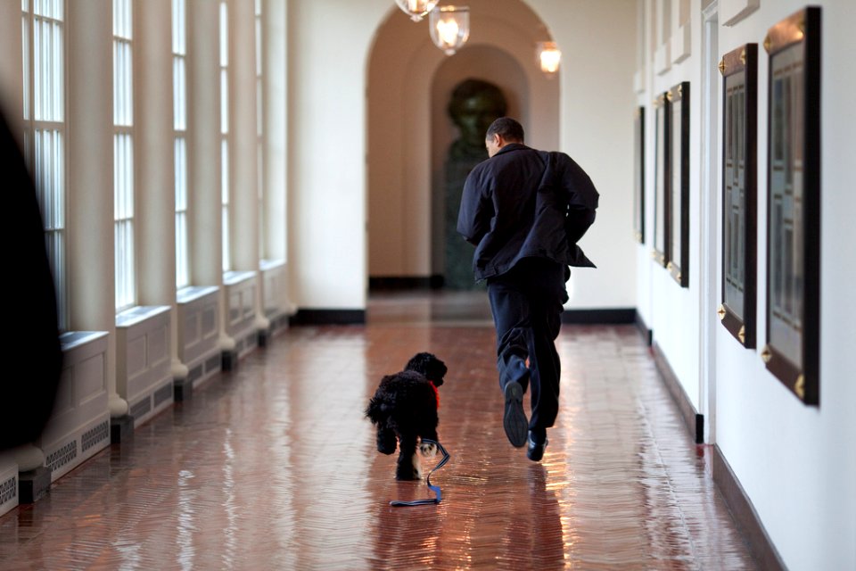 President Barack Obama runs down the East Colonnade