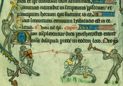Psalter-Hours, Initial “D” with nimbed apostle and pseudo-inscribed scroll; dragon with man's head and apes jousting in margin, Walters Manuscript W.82, fol. 194v detail