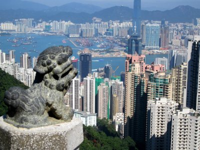 Lion at his viewpoint looking at the port Peak Hong Kong photo