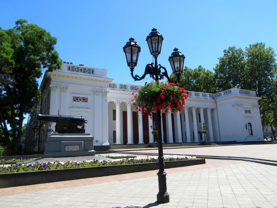 City Hall and canon captured from British in Crimean War Odesa Ukraine