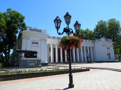 City Hall and canon captured from British in Crimean War Odesa Ukraine