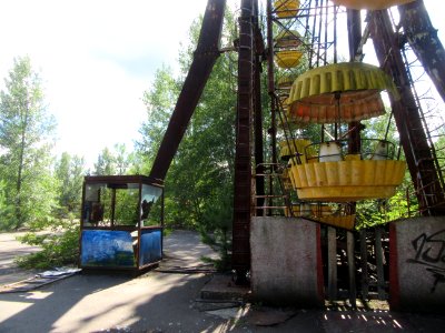Ticket booth and ferris Wheel Pripyat Chernobyl exclusion zone Ukraine