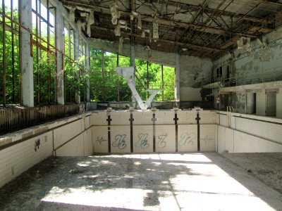 Swimming pool and diving board Pripyat Chernobyl exclusion zone Ukraine
