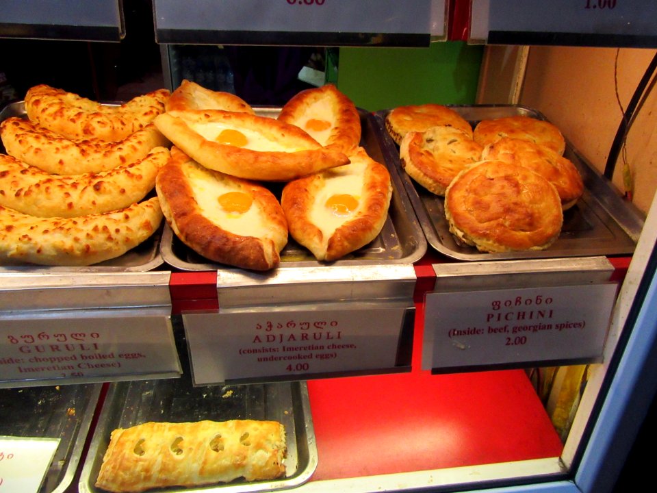 Adjaruli cheese and a runny egg in a bread boat Tbilisi Georgia