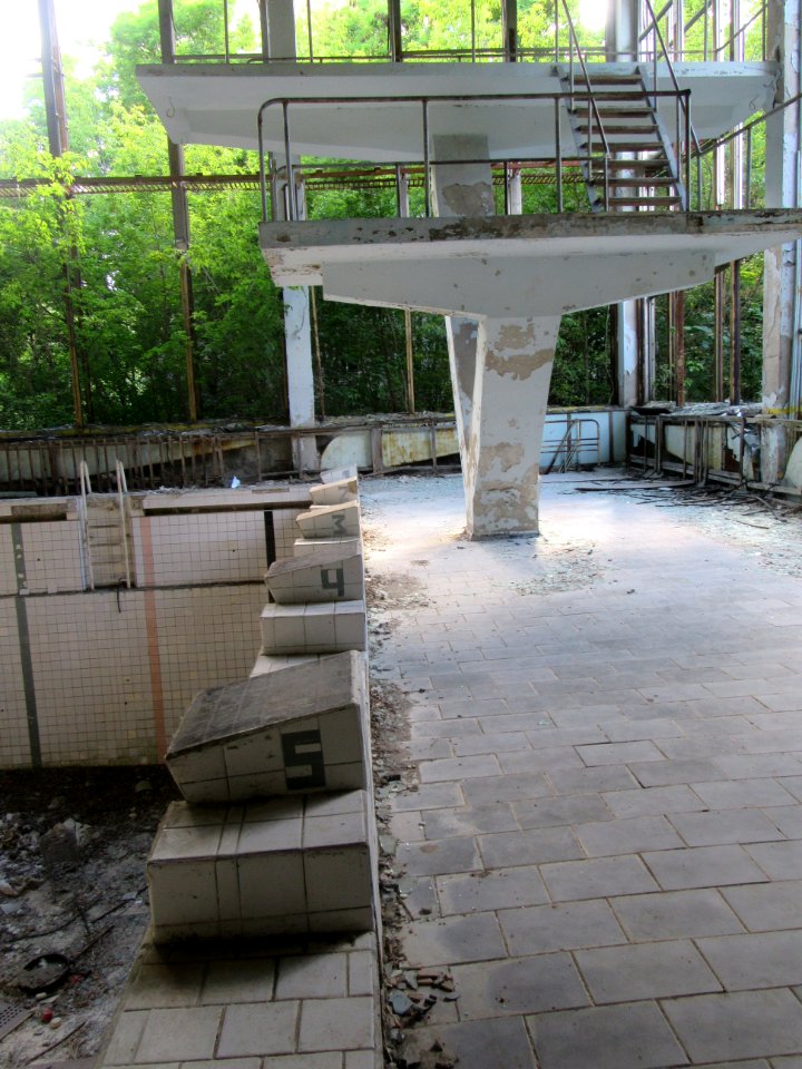 Diving boards and swimmers blocks Pripyat Chernobyl exclusion zone Ukraine