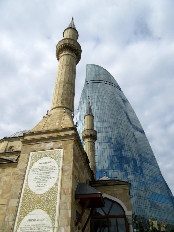Shakhidlar Mosque and flame towers Baku Azerbaijan