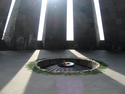 Eternal flame and flowers Genocide Memorial Yerevan Armenia