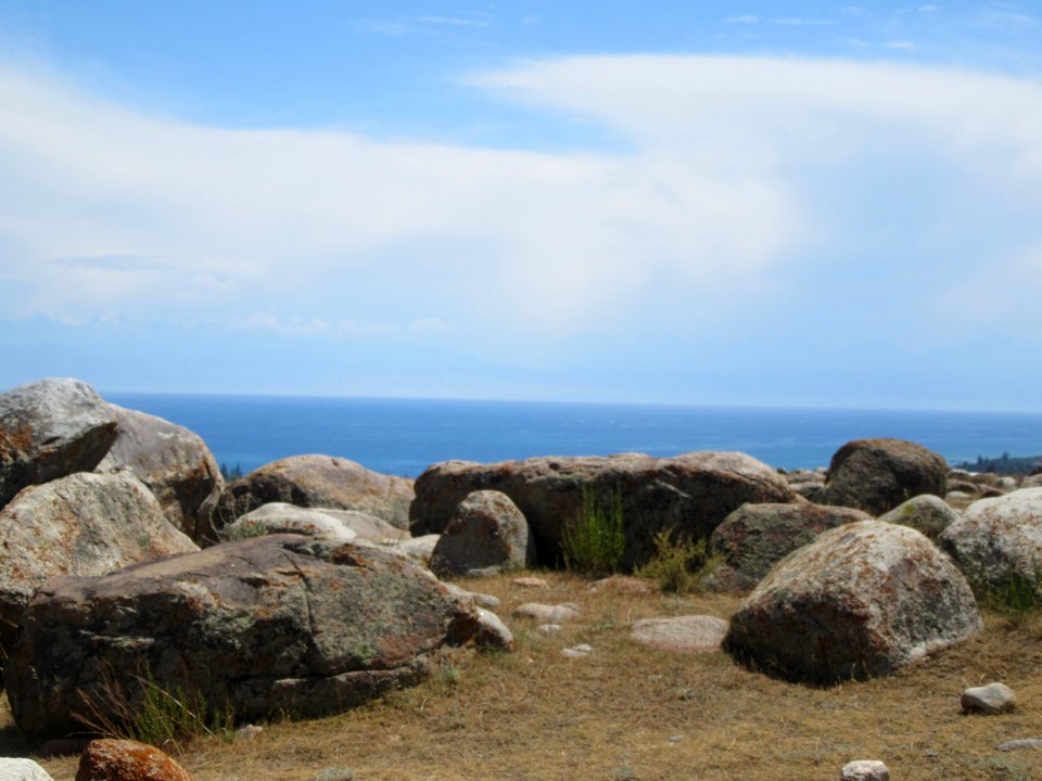 Lake Issyk Kol Cholpon Ata Kyrgyzstan view from petroglyphs