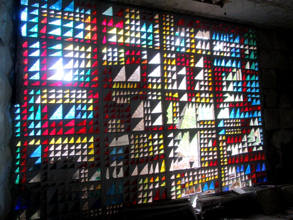 Stained glass in movie theater Pripyat Chernobyl exclusion zone Ukraine