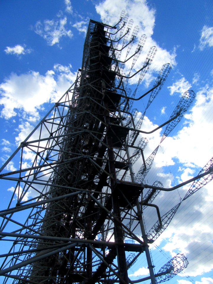 From the side underneath Duga 3 Russian Woodpecker over the horizon radar towers Chernobyl exclusion zone Ukraine