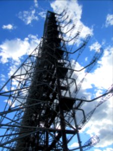 From the side underneath Duga 3 Russian Woodpecker over the horizon radar towers Chernobyl exclusion zone Ukraine