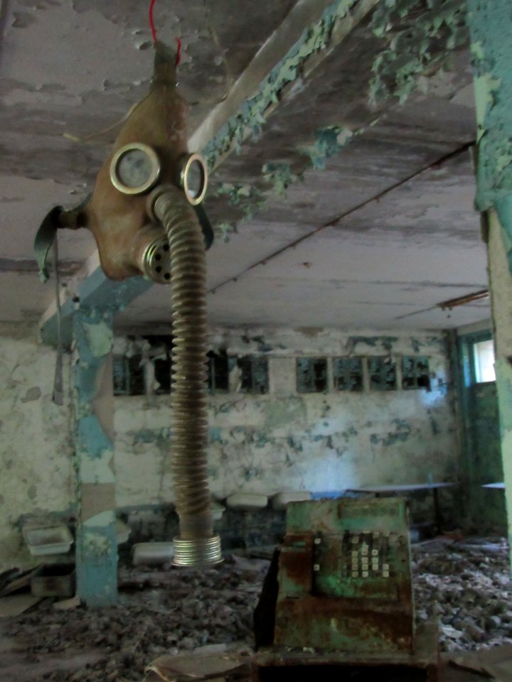 Gas mask in School cafeteria Pripyat Chernobyl exclusion zone Ukraine